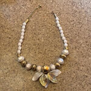 Gold and White Beaded Necklace with Floral Centerpiece